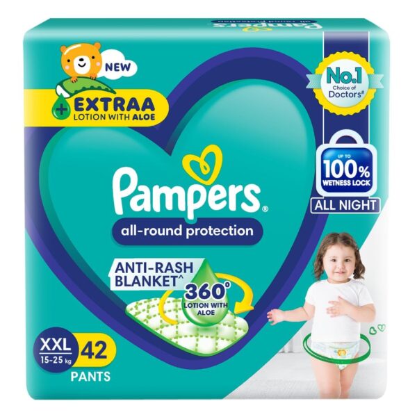 Pampers All round Protection Pants,Double Extra Large size baby diapers (XXL) 42 Count,15-25kg,Anti Rash diapers, Lotion with Aloe Vera